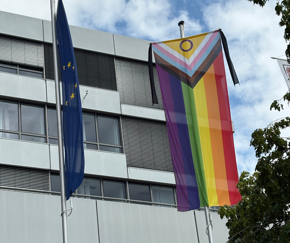 Ein großes Gebäude mit Flaggen davor.