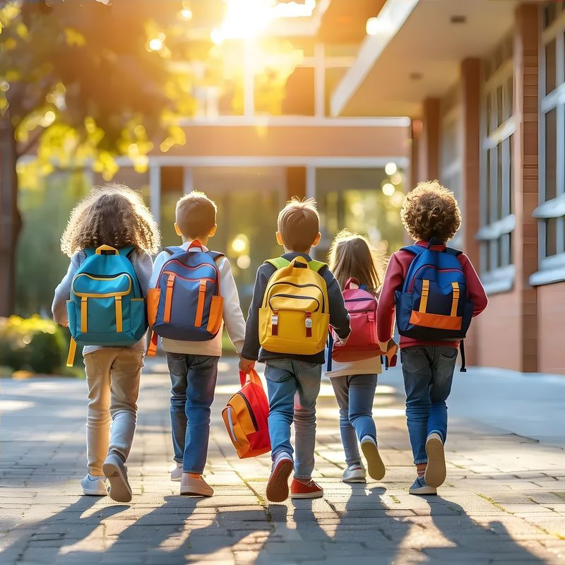 Kinder vor einer Schule. 