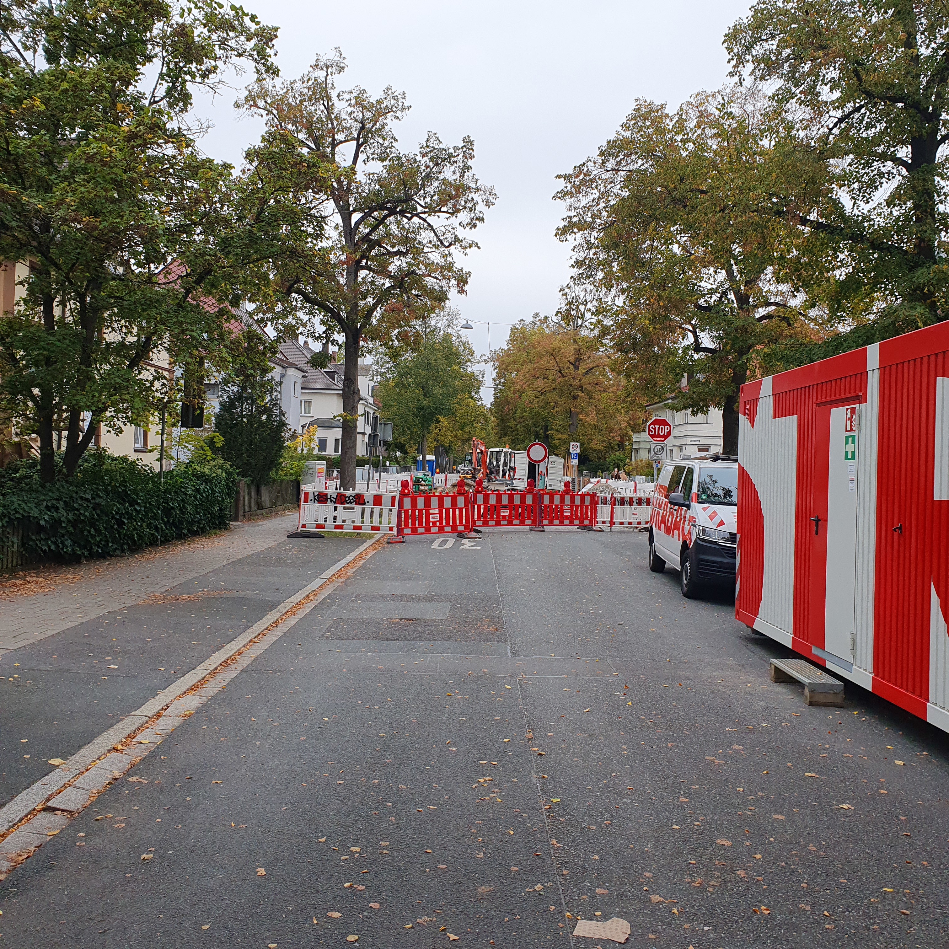 Eine abgesperrte Straße mit Bäumen am Straßenrand.
