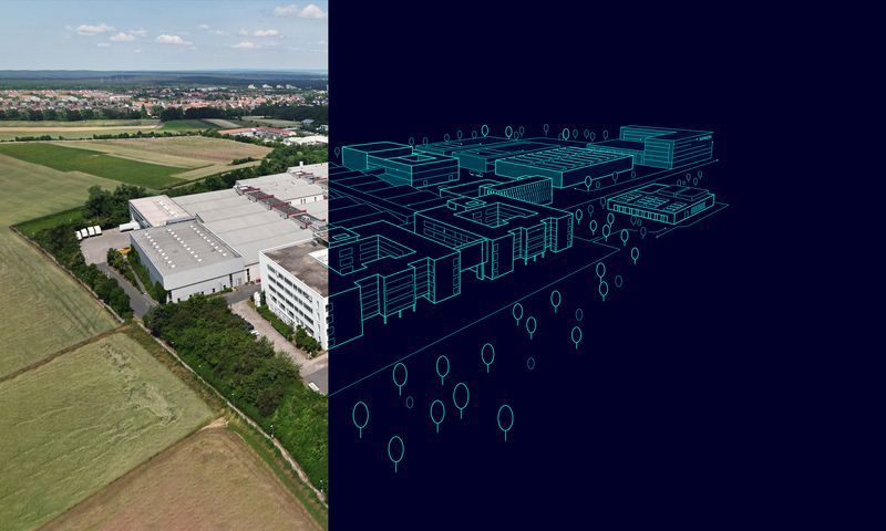 Ein Gebäude mit visualisiertem Anbau.