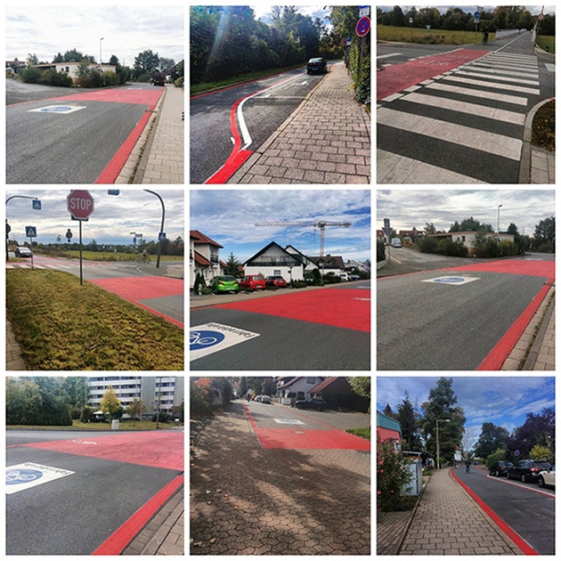 Verschiedene Fotos von markierten Fahrradstraßen