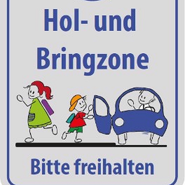 Ein Symboldbild mit Kindern und Autos und dem Hinweise Hol- und Bringzone. 