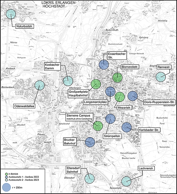 Übersichtskarte der Mobilpunkte im Erlanger Stadtgebiet