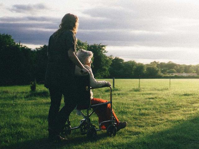Tekerlekli sandalyedeki bir kadın yeşil bir çayırda itiliyor