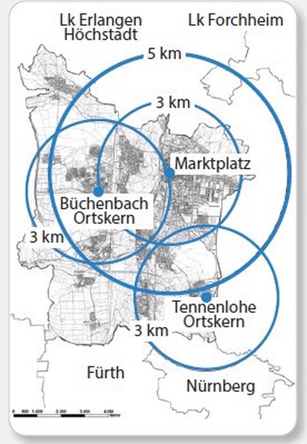 Karte: Fahrradfreundliche Distanzen in Erlangen