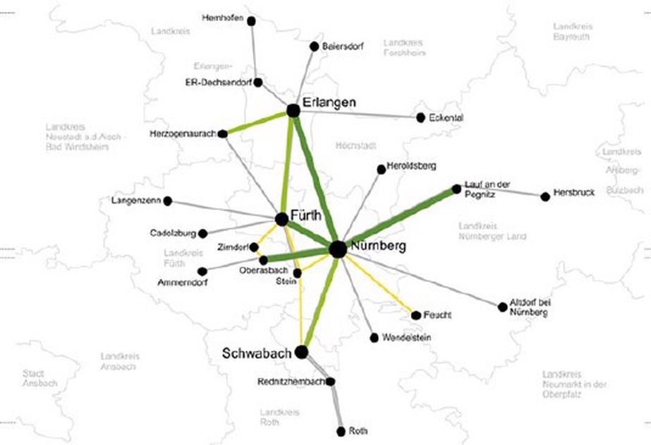 Karte, in der endelbeziehungen im Großraum Nürnberg eingezeichnet sind