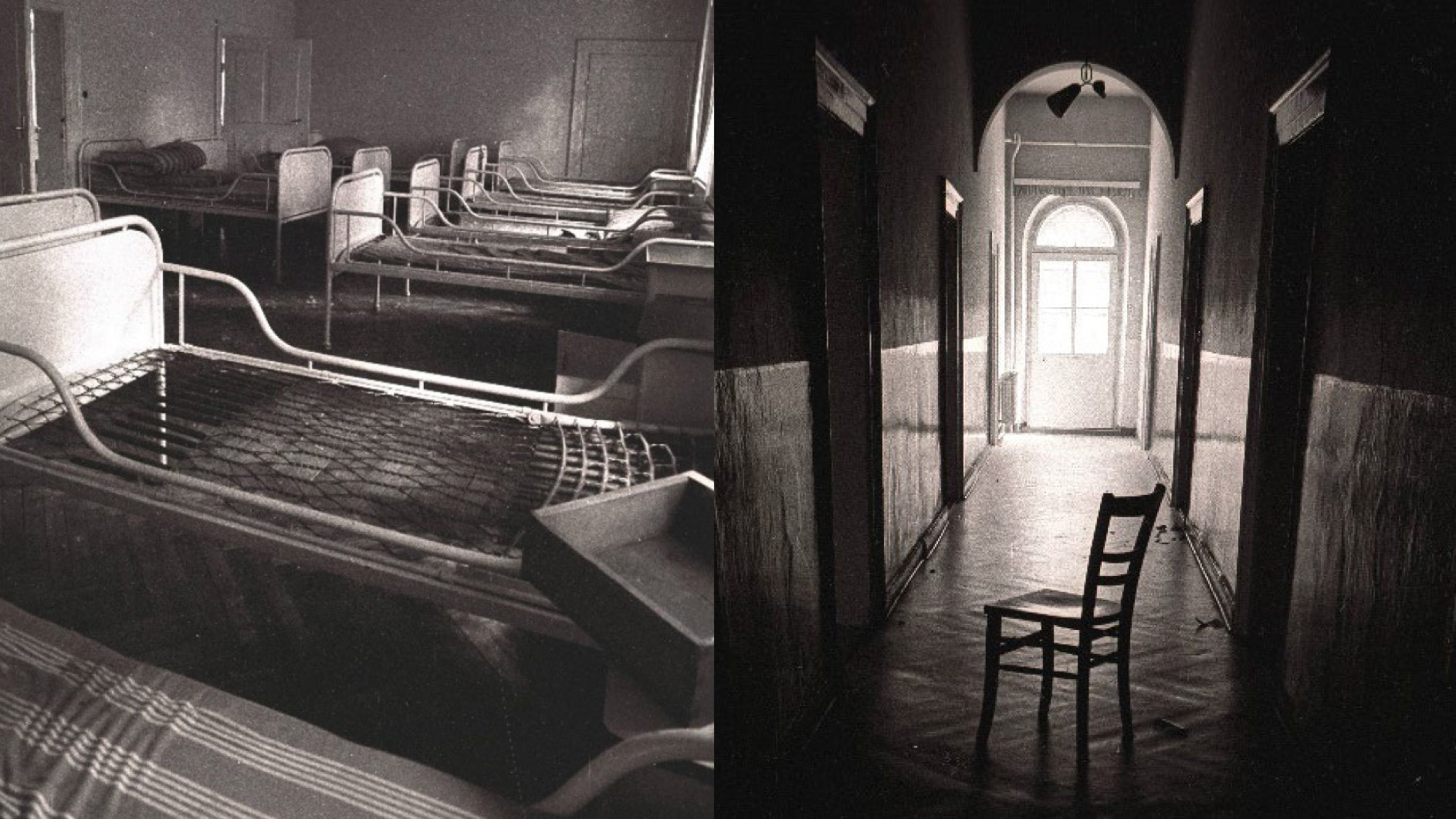 Schwarz-Weiß Foto, mit einem Mehrbettzimmer und einem Gang mit einem Stuhl