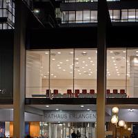 Town hall building at night.